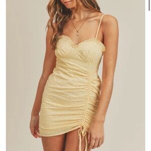 Mable Pastel Yellow Floral Eyelet Ruched Drawstring Mini Dress Size Small